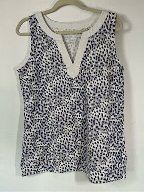 Lucky Brand White Sleeveless V-Neck Tank with Navy Dot Print